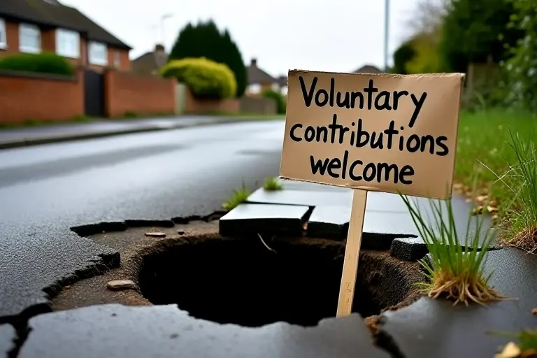 A crumbling road with a large pothole next to a handwritten sign saying voluntary contributions welcome