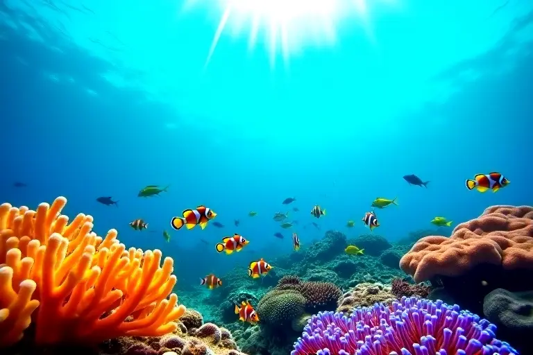 Vibrant healthy coral reef with colourful fish