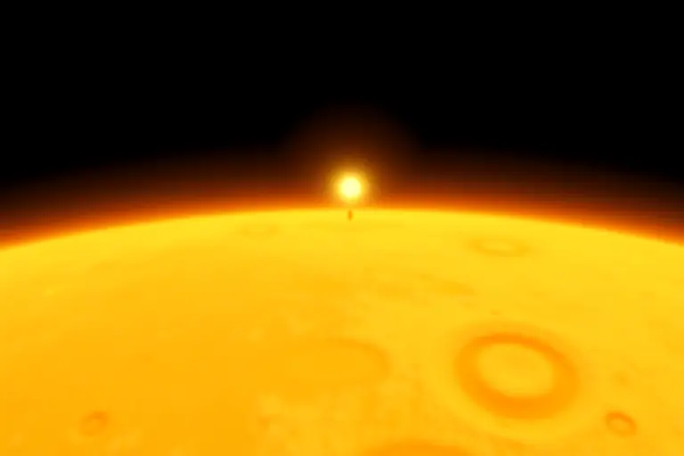 The surface of a cheese moon with orange cheddar geysers erupting into space