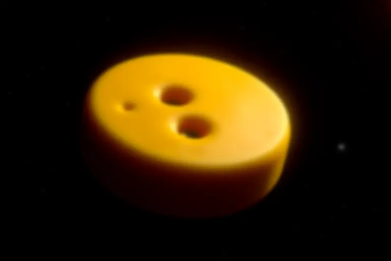 A large cheese wheel floating in space with craters on its surface