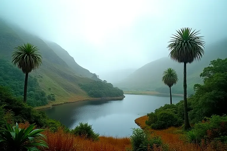 Palm trees and tropical plants in a Lake District landscape