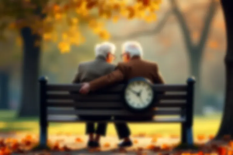 Elderly couple sitting together with a clock between them