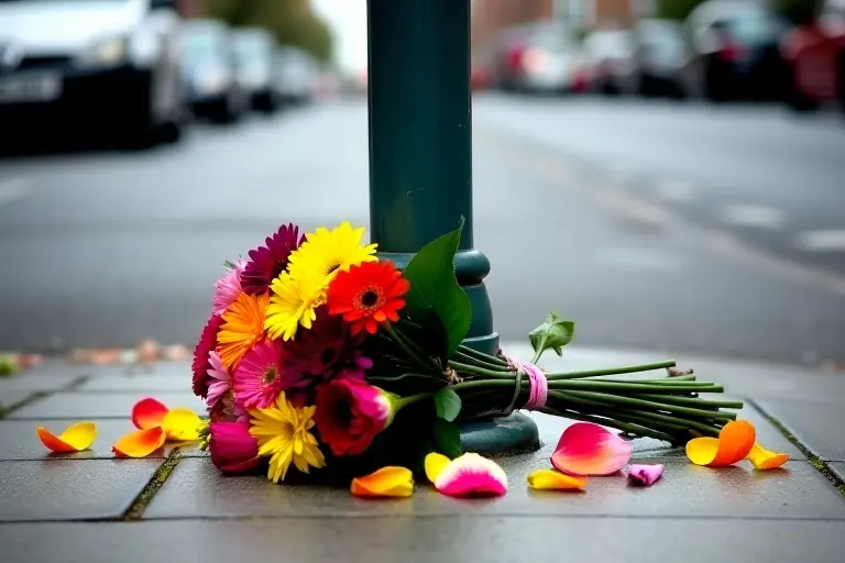 Small bouquet of flowers left at the base of a traffic light pole