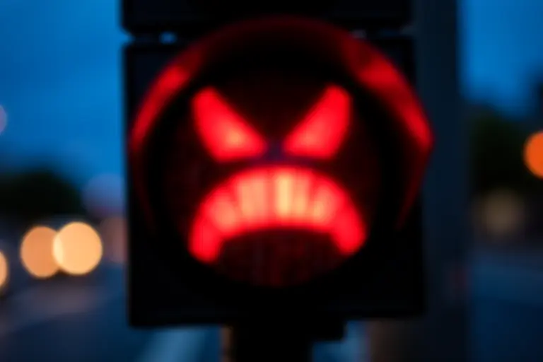 Traffic light glowing red with an annoyed expression