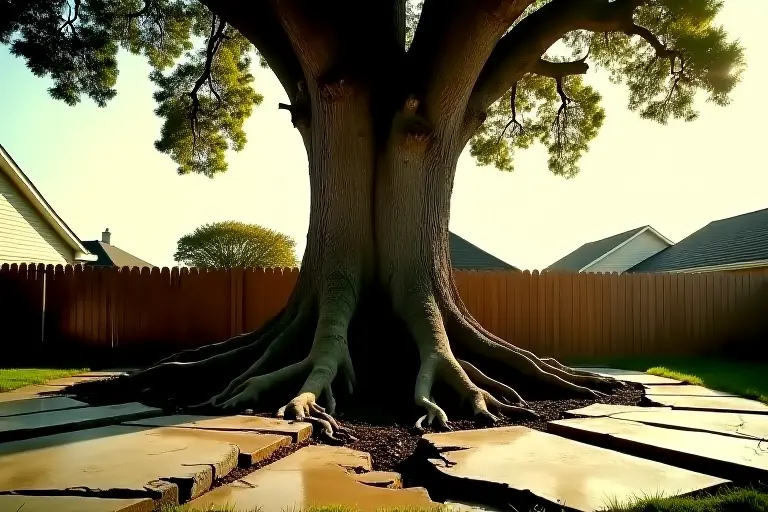 Oak tree bursting through a cracked patio
