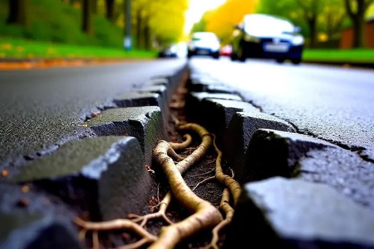 Tree roots breaking through a tarmac road
