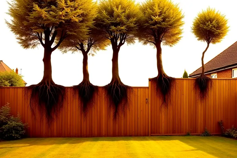 Trees walking out of a garden over a broken fence