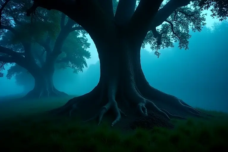 Forest of trees uprooting and moving across a hillside
