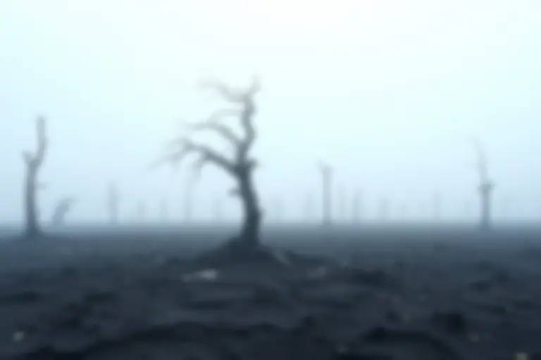 Barren landscape with ash-covered ground and grey sky