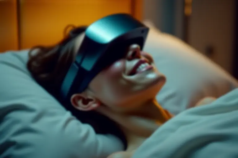 Person lying on a bed wearing a neural headset with a blissful expression