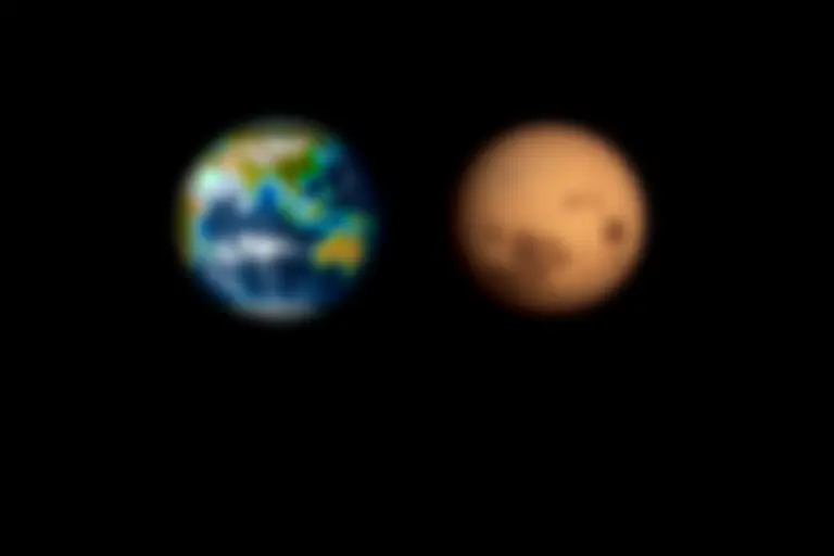 Earth and Mars side by side showing a green habitable Mars and a brown polluted Earth