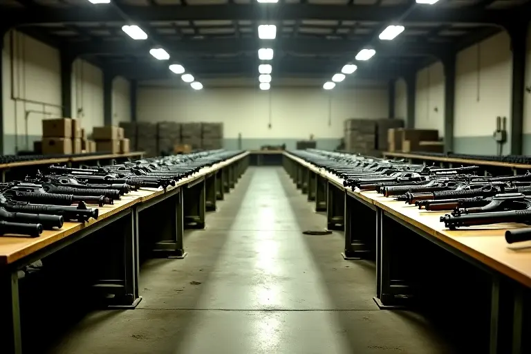 An array of deactivated weapons and military equipment