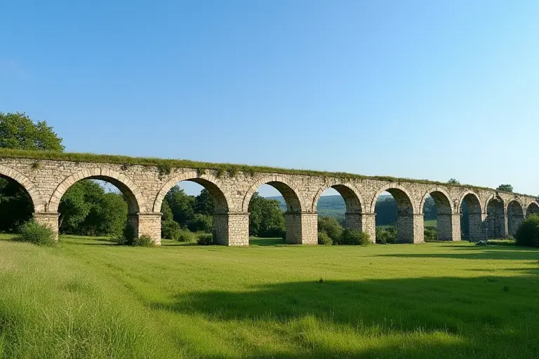 A Roman aqueduct standing intact in a modern European landscape