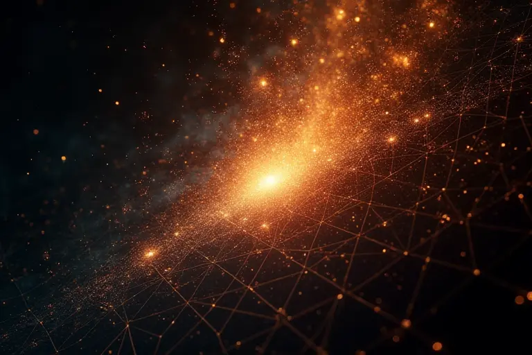 Abstract rendering of a digital grid dissolving into organic light