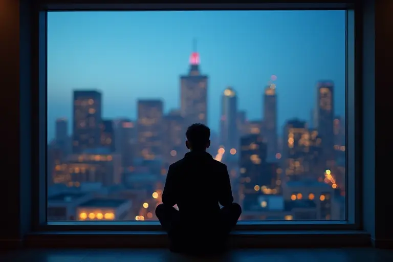 Person sitting by a window looking at a city skyline at dusk