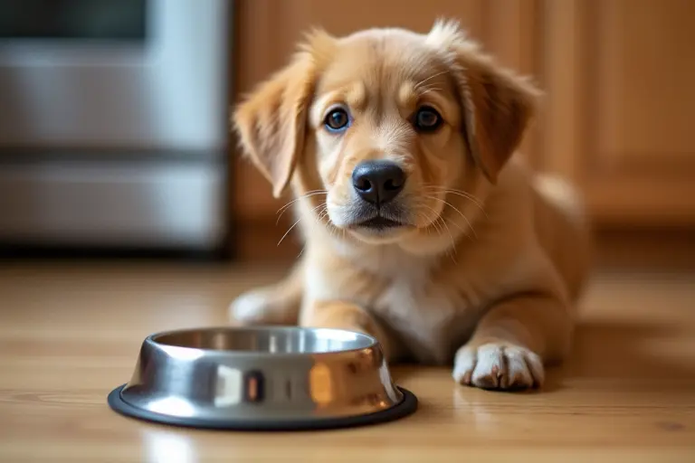 A dog sitting next to an empty food bowl, looking meaningfully at the camera