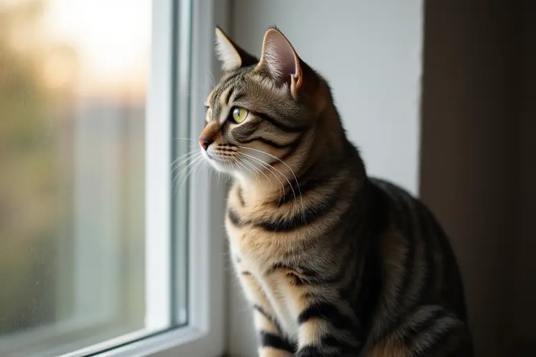 A cat sitting in a window, watching outside with calm attention