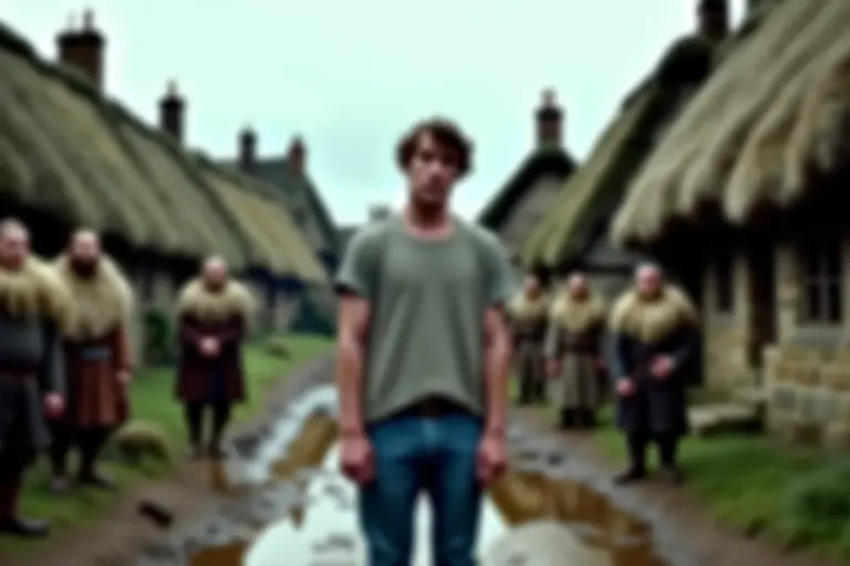 A confused modern person standing in a medieval village
