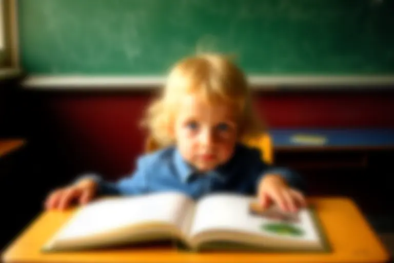 Elderly-looking child sitting at a school desk with a picture book