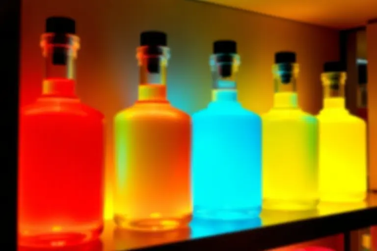Colourful glass bottles of emotions on a shop shelf