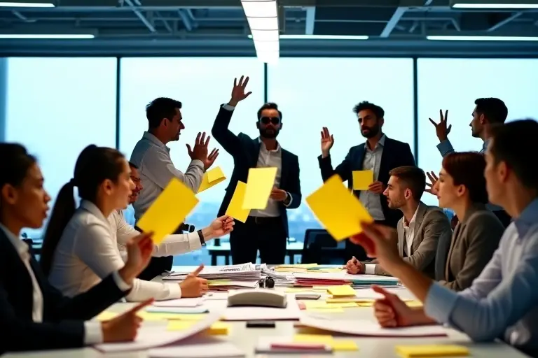 A busy office where everyone communicates through written notes and hand signals