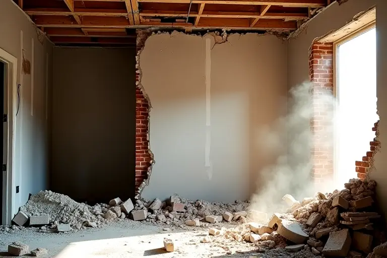 Half-demolished wall with exposed bricks and dust
