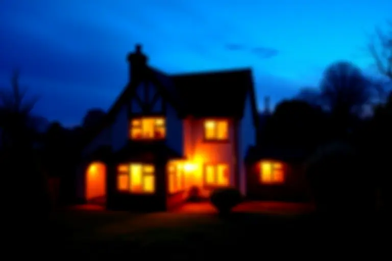 Cosy house with warm light glowing from the windows at dusk